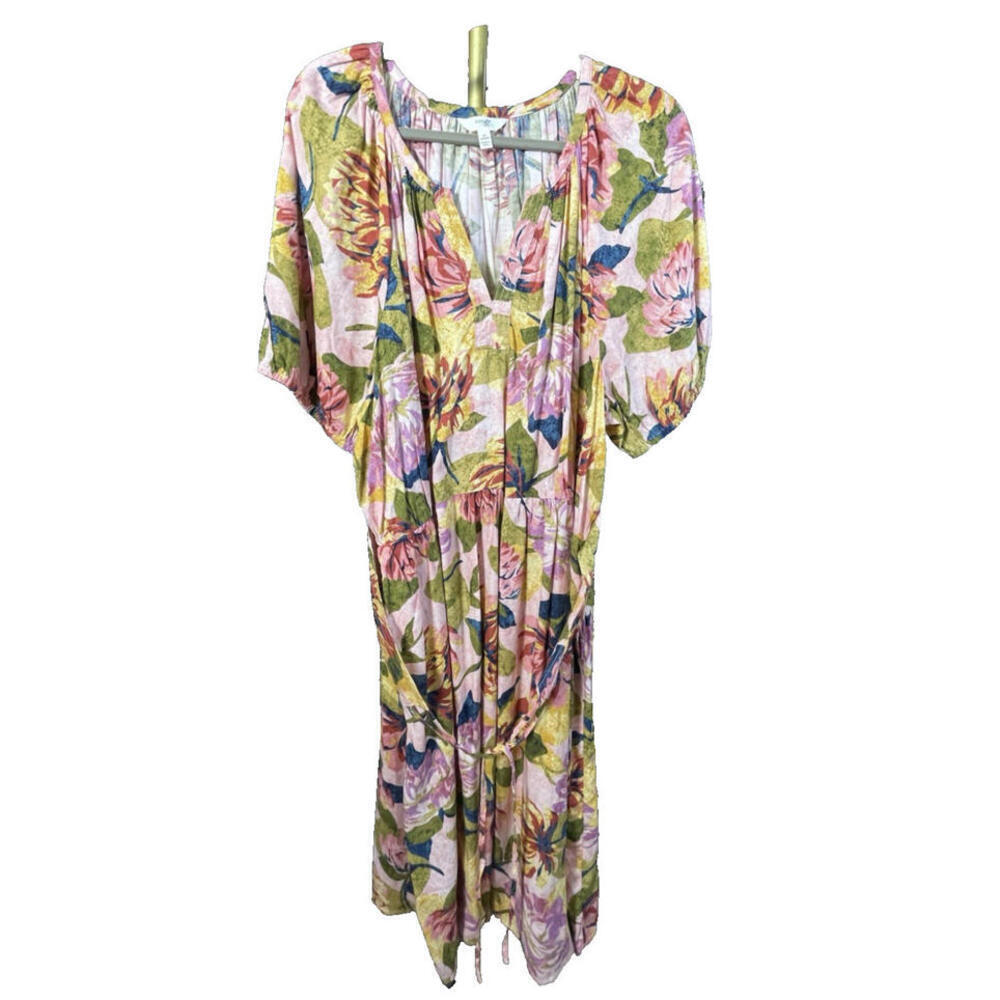 Terra & Sky Floral Flowy Midi Dress Pullover Smocked 3X (24W-26W) Boho Cottage